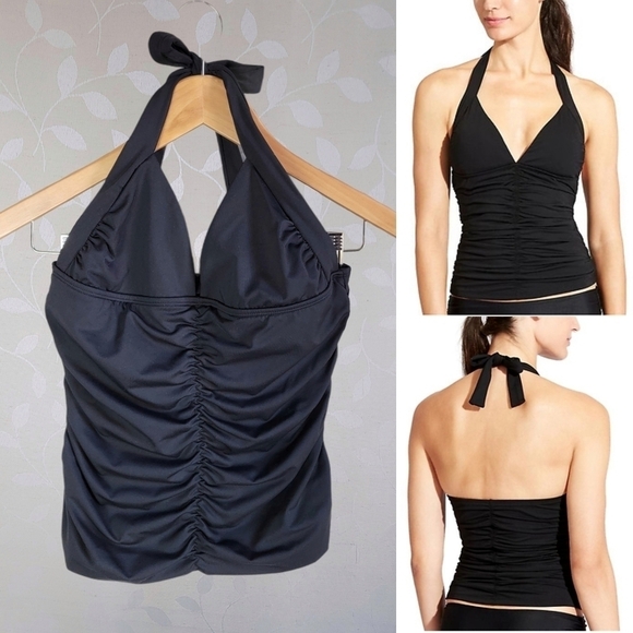 Athleta Harlow Black Halter Ruched Tankini Swim Top | Retro 90s Y2K Swimwear XS - Picture 1 of 16